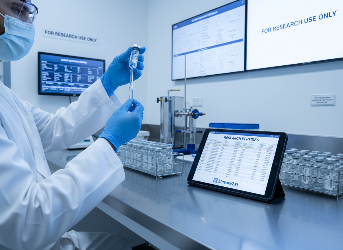 Scientist selecting research peptides in laboratory with compliance labels