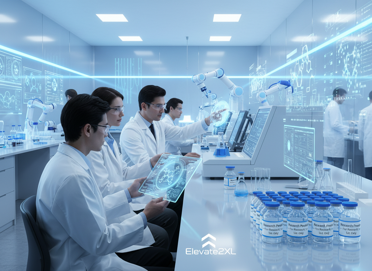 Scientists in modern lab researching peptide innovations with compliance labels